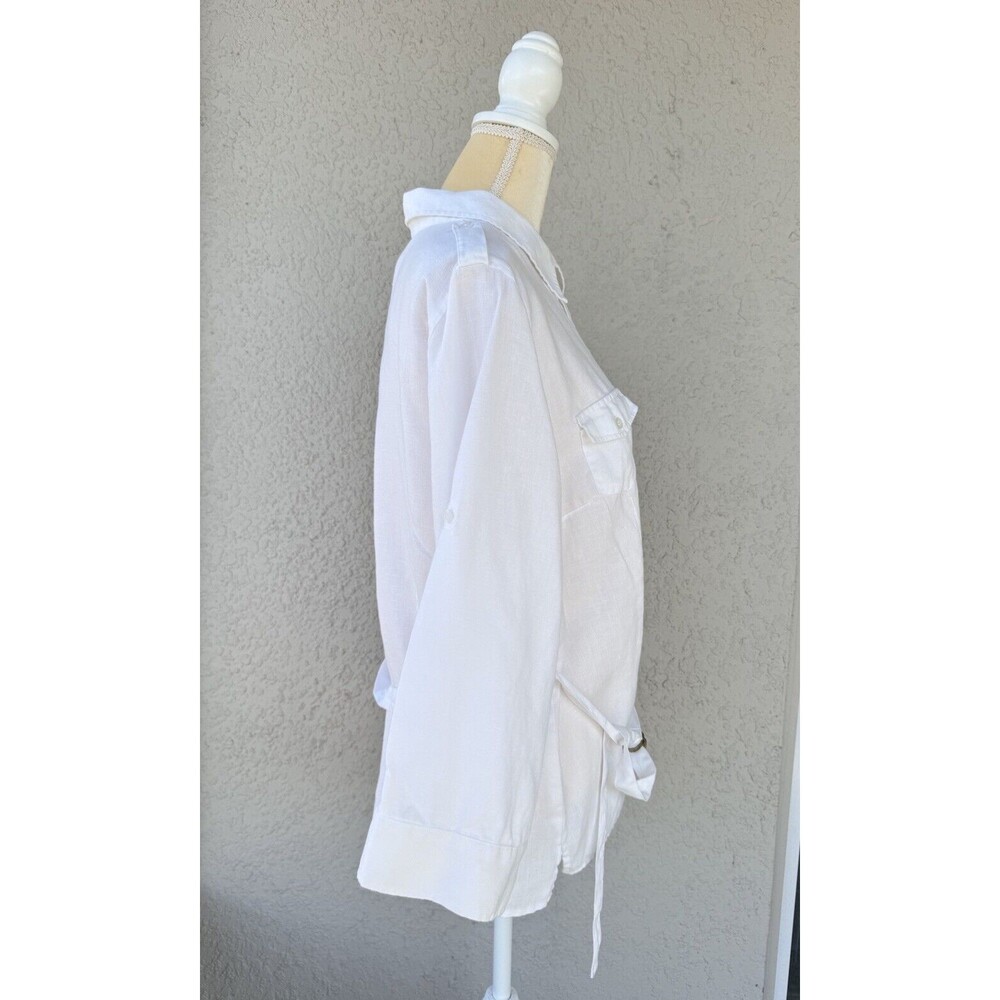 Chaus XL 100% Organic Linen Shirt 3/4 Roll Tab Sleeve Belted Tunic White Pockets - Picture 4 of 15